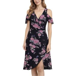 City Chic Blush Floral Faux Wrap Dress Cold Shoulder Flutter Sleeve Midi Dress